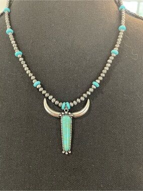Turquoise and Silver Bull Horn Pendant Necklace - Women Jewelry